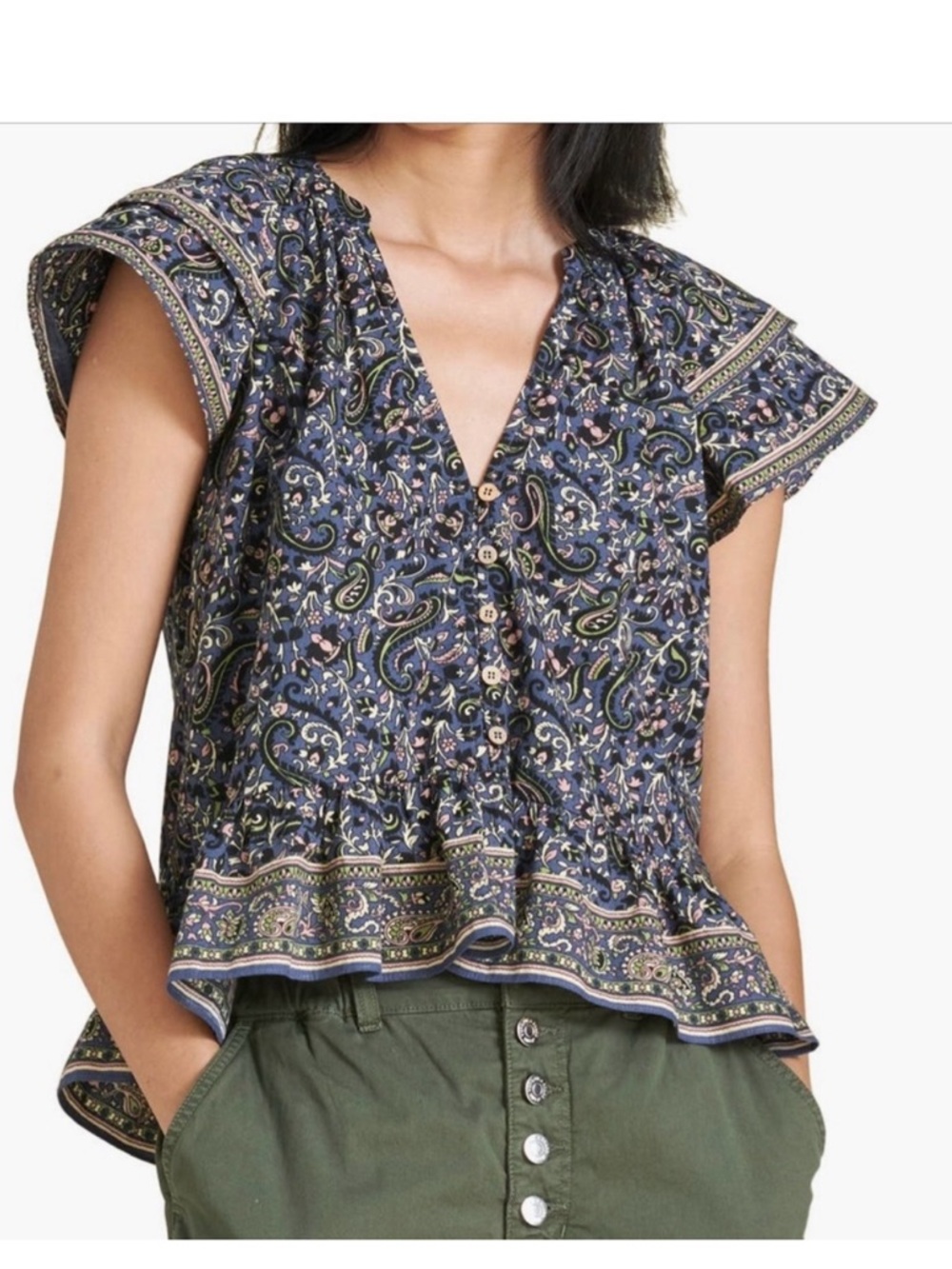 Veronica Beard Navy Paisley Ruffle V-Neck Blouse